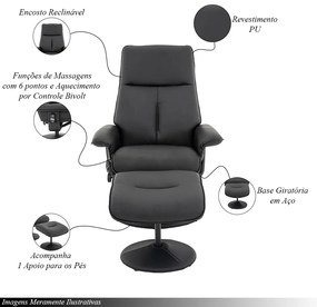 Kit 3 Poltronas de Massagem Arizona Giratória com Apoio de Pés e Reclinável PU Preto G56 - Gran Belo