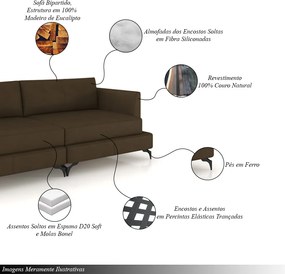Sofá Living Bipartido 230cm Indonésia Pés de Ferro Couro Capuccino G52 - Gran Belo