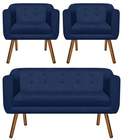 Kit 01 Namoradeira 02 Lugares e 02 Poltronas Julia Suede Azul Marinho Pés Palito Castanho D'Rossi