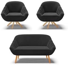 Kit 01 Namoradeira 02 Lugares e 02 Poltronas Giratória Giovana Suede Base Madeira MA30 - D'Rossi - Preto