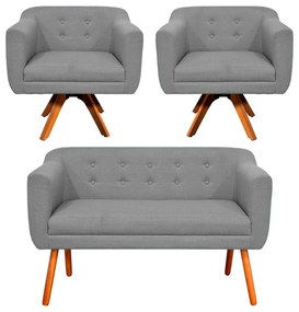 Kit 01 Namoradeira e 02 Poltronas Giratória Julia Linho Base Madeira MM30 D01 - D'Rossi  - Cinza A26