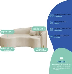 Divã Recamier Curvo Sala de Estar Recepção Inglaterra 180cm Pés Metal Dourado Lado Esquerdo Linho