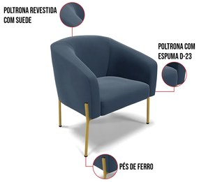 Poltrona Decorativa Pé de Ferro Dourado Kit 2 Stella Suede D03 - D'Rossi - Azul Marinho