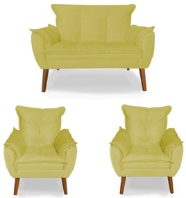 Kit 2 Poltronas 1 Namoradeira Apolo Pés Madeira Suede Amarelo - Sheep Estofados - Amarelo