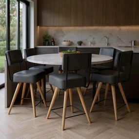 Banqueta Baixa Cozinha 50cm Encosto Pé Madeira Kit 6 Barcelona Pu S02 - D'Rossi - Preto