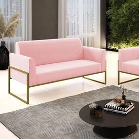 Sofá Namoradeira Base Industrial Alta Dourado Marisa Suede D03 - D'Rossi - Rosa Bebê