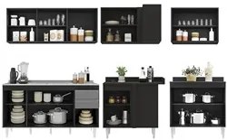 Armário de Cozinha Modulado de Canto 6 Peças CP33 com Pia Inox Preto/C
