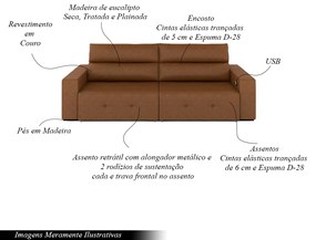 Sofá Retrátil 4 Lugares 284cm 2 Módulos Nero com USB Couro Manchado Claro G52 - Gran Belo