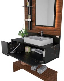 Conjunto de Banheiro Painel com Espelho e Gabinete Safira Imbuia/Reali/Preto - Vizzato - Preto