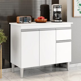 Balcão Cozinha com Tampo 100cm 3 Portas Taylla A01 - D'Rossi - Branco
