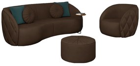 Conjunto Decorativo Sofá 288cm e Poltrona Clarke com Puff Round Pu Marrom G45 - Gran Belo