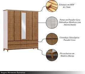 Guarda Roupa MDF 5 Portas Cullen 6 Gavetas OffWhite/Freijó G74 - Gran Belo