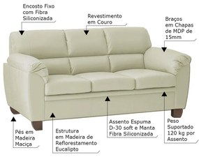 Sofá 3 Lugares Sala de Estar Pés em Madeira Nauru Couro Off White G43 - Gran Belo