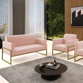 Sofá Namoradeira com Poltrona Base Industrial Alta Dourado Marisa Veludo Rosê