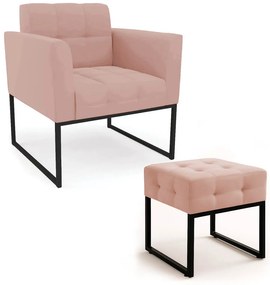 Poltrona Sala e Puff Decorativo Industrial Elisa Veludo D03 - D'Rossi - Rose