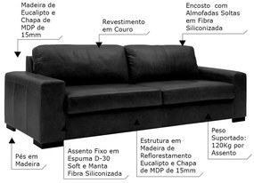 Sofá 4 Lugares Sala de Estar Pés Madeira Aisla 240 cm Couro Preto G43 - Gran Belo