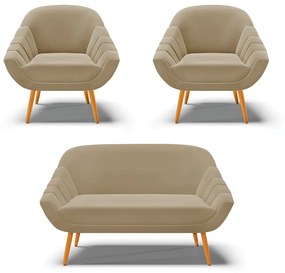 Kit 01 Namoradeira 02 Lugares e 02 Poltronas Giovana Suede Marrom Rato Pés Palito Castanho - D'Rossi