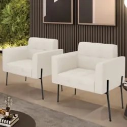 Poltrona Para Sala Pé Metal Preto Kit 2 Ana Linho Bege - Ibiza