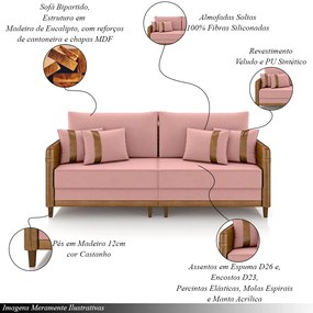 Sofá Living Montecarlo 3 Lugares Bipartido 232cm Pés em Madeira Veludo/PU Rosê/Caramelo G33 - Gran Belo