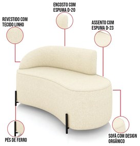Sofá 2 Lugares Orgânico 140cm Pé Ferro Preto Morgan Linho D03 - D'Rossi - Bege