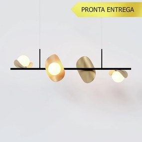 Pendente Calandra Irregular Linear 27X21X95Cm Alumínio E Globo Ø10Cm F... (PRETO / CHAMPANHE, FOSCO)