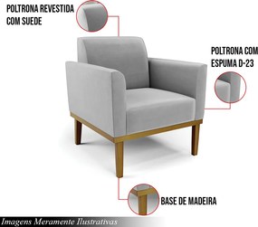 Kit 2 Poltronas Decorativas Isabella Pés Fixo em Madeira Castanho Suede Cinza G19 - Gran Belo