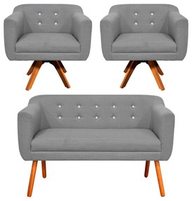 Kit 01 Namoradeira e 02 Poltronas Giratória Julia Linho com Strass Base Madeira MM30 D01 - D'Rossi  - Cinza A26