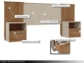 Cabeceira Extensível Casal Burrell com Mesas de Cabeceira Acabamento Ripado MDP OffWhite/Buriti G11 - Gran Belo