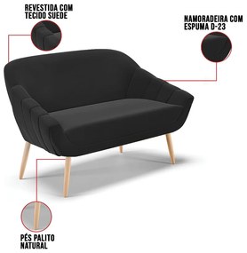 Namoradeira 02 Lugares Giovana Suede Pés Palito Natural D03 - D'Rossi - Preto