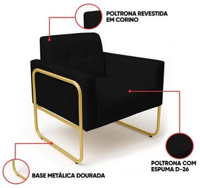 Poltrona Sala Industrial Alta Tubo Dourado Elisa Sintético D03 - D'Rossi - Preto