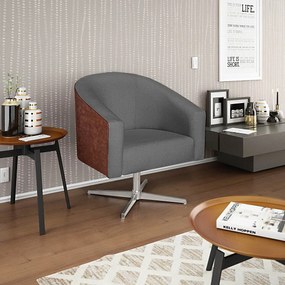 Poltrona Luiza Base Giratória de Metal Corano Nozes e Linho Cinza Escuro - ADJ Decor