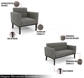 Conjunto 2 Poltronas e 1 Namoradeira Decorativa Karen Pés Fixo em Madeira Preto Suede Grafite G19 - Gran Belo