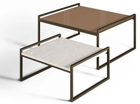 Mesa de Centro Individual Khennan Quadrada Tampo com Acabamento Melamínico e Vidro Estrutura Reta Metálica