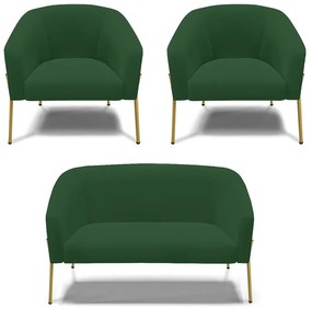 Namoradeira e 2 Poltronas Pé de Ferro Dourado Stella Veludo D03 - D'Rossi - Verde