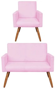 Kit 01 Namoradeira com 01 Poltrona Larissa Suede Pés Palito Castanho D'Rossi - Rosa Bebê
