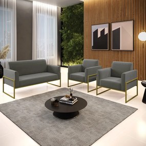 Sofá Namoradeira com 2 Poltronas Base Industrial Alta Dourado Marisa Suede D03 - D'Rossi - Grafite