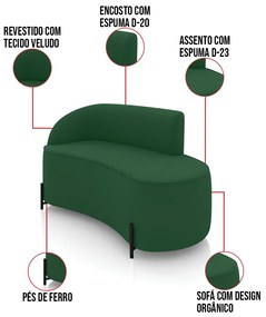 Sofá 2 Lugares Orgânico 140cm Pé Ferro Preto Morgan Veludo D03 - D'Rossi - Verde