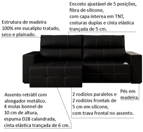 Sofá Retrátil Reclinável 3 Lugares Sala de Estar 204cm Russo Couro Preto G52 - Gran Belo