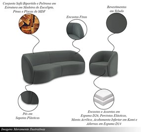 Conjunto Sofá Sala de Estar Bipartido 318cm e 2 Poltronas Clarke Veludo Grafite G45 - Gran Belo