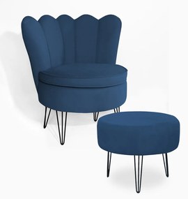Poltrona Decorativa Dália com Puff Chloe Hairpin Legs Preto Veludo Azul Marinho