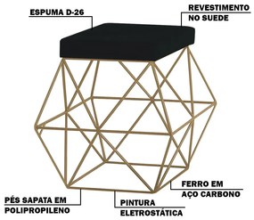 Puff Decorativo Sala de Estar Base Gold Trixie Suede Preto G41 - Gran Belo