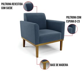 Kit 2 Poltronas Base de Madeira Fixa Castanho Marisa Suede D03 - D'Rossi - Azul Marinho