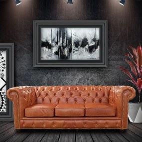 Sofá 3 Lugares Sala de Estar 235cm Chesterfield Pés Madeira Couro Conhaque G40 - Gran Belo