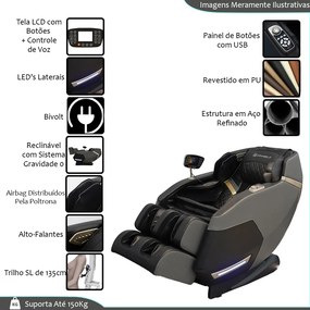 Poltrona de Massagem Elétrica Reclinação Gravidade Zero 3D Marvin Tela LCD PU Preto G94 - Gran Belo