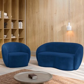 Conjunto 1 Sofá Living 160cm e 1 Poltrona Decorativa Sala de Estar Íbis Encosto Fixo Veludo Azul Marinho G33 - Gran Belo