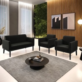 Sofá Namoradeira com 2 Poltronas Base de Madeira Fixa Preto Marisa Suede  D03 - D'Rossi - Preto