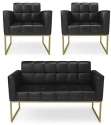 Sofá Namoradeira e 2 Poltronas Base Industrial Dourado Ana Sintético P