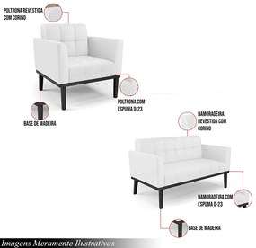 Conjunto Poltrona e Namoradeira Decorativa Karen Pés Fixo em Madeira Preto PU Branco G19 - Gran Belo