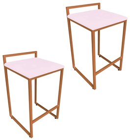 Conjunto 02 Banqueta Alta Industrial Pietra Suede Rosa Bebê Base Cobre D'Rossi