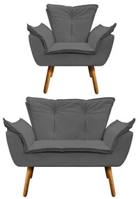 Sofá Namoradeira e Poltrona Pé Palito Castanho Opala Corino D03 - D'Rossi - Grafite